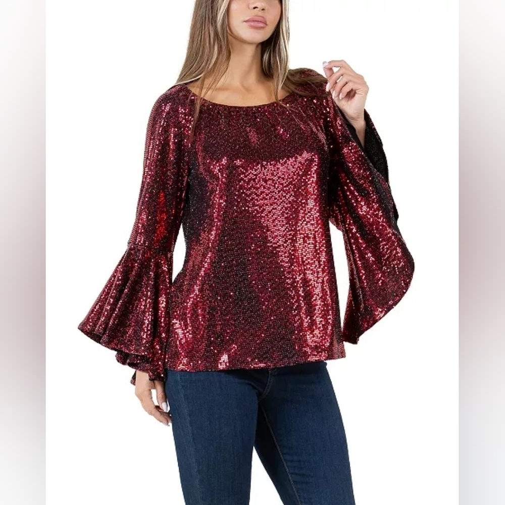 Fever Women's Glitter Dot Symphony Sleeve Top NWT In Red!